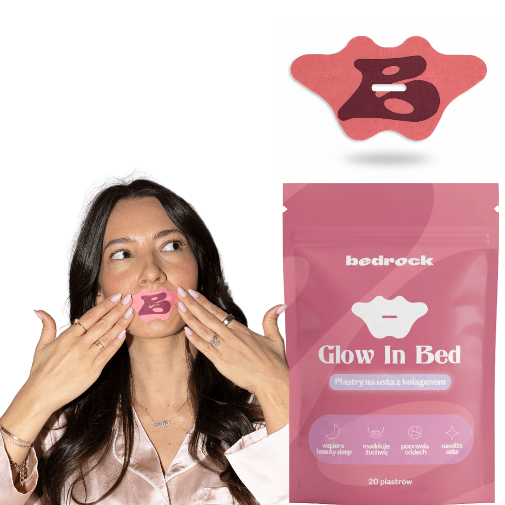 Kobieta używająca plastrów na usta do spania Glow in Bed – kolagenowe plastry Bedrock