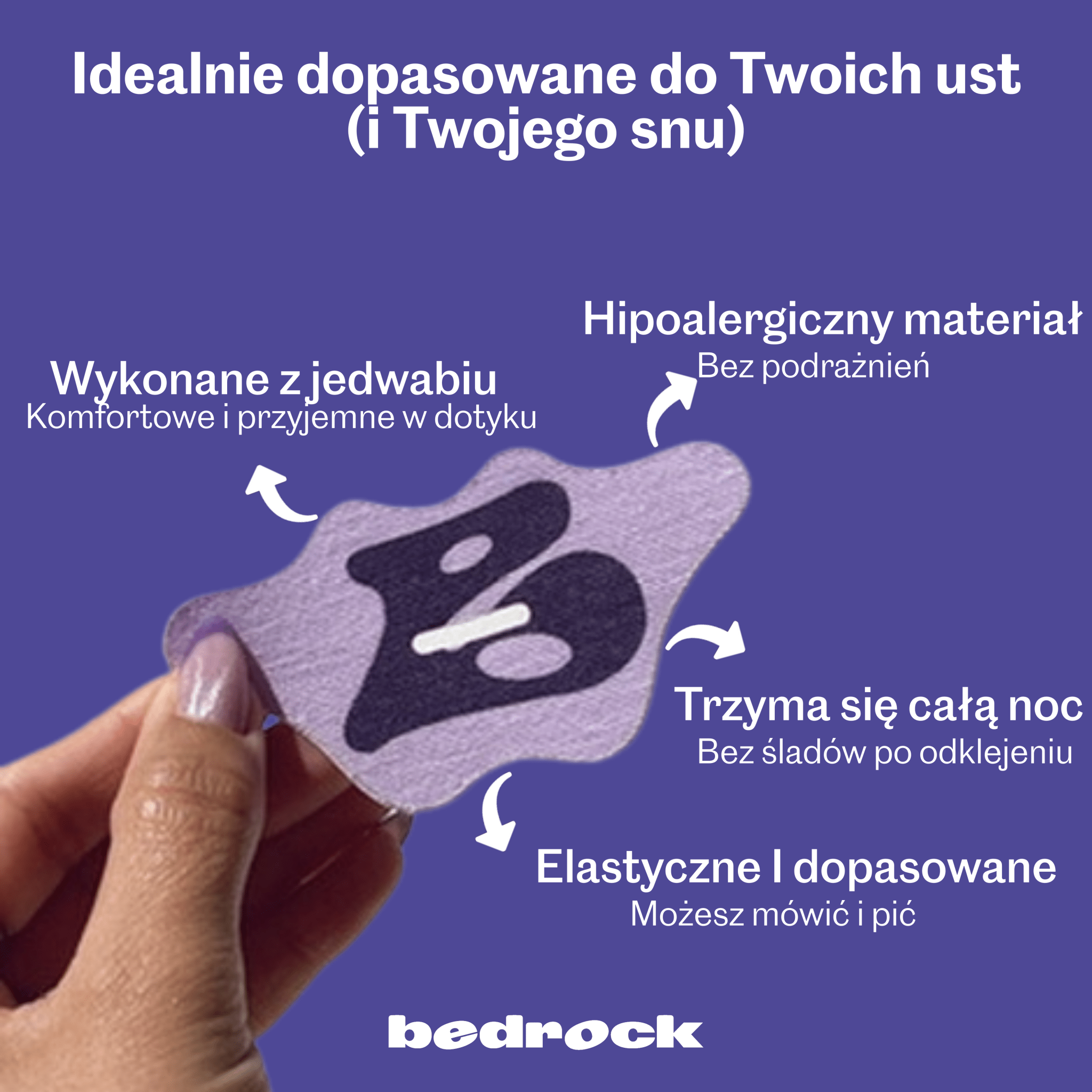Plastry na usta do spania Bedrock Better in Bed – jedwabne, hipoalergiczne, dopasowane