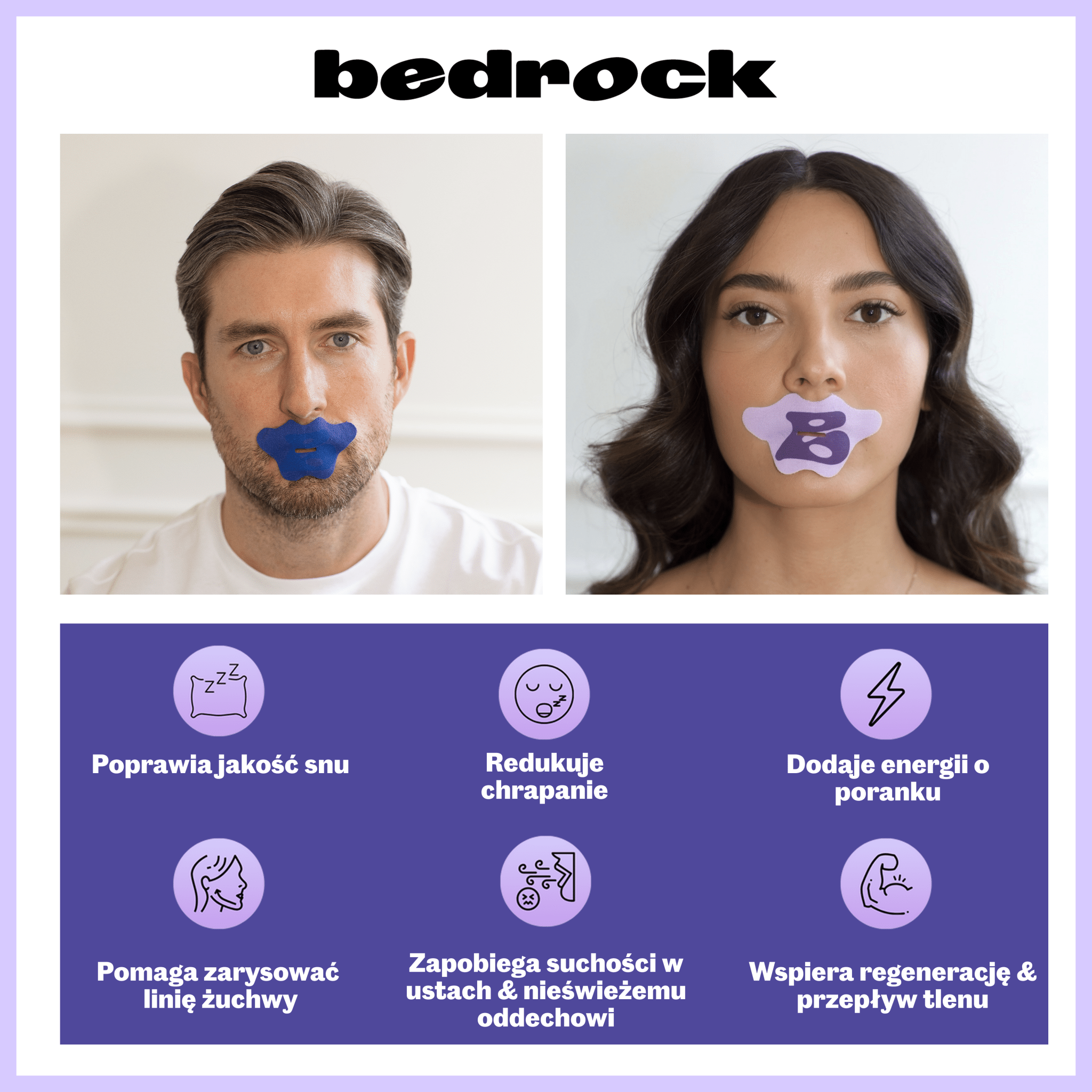 Plastry na usta do spania Bedrock Better in Bed – kobieta i mężczyzna w użyciu, poprawa jakości snu