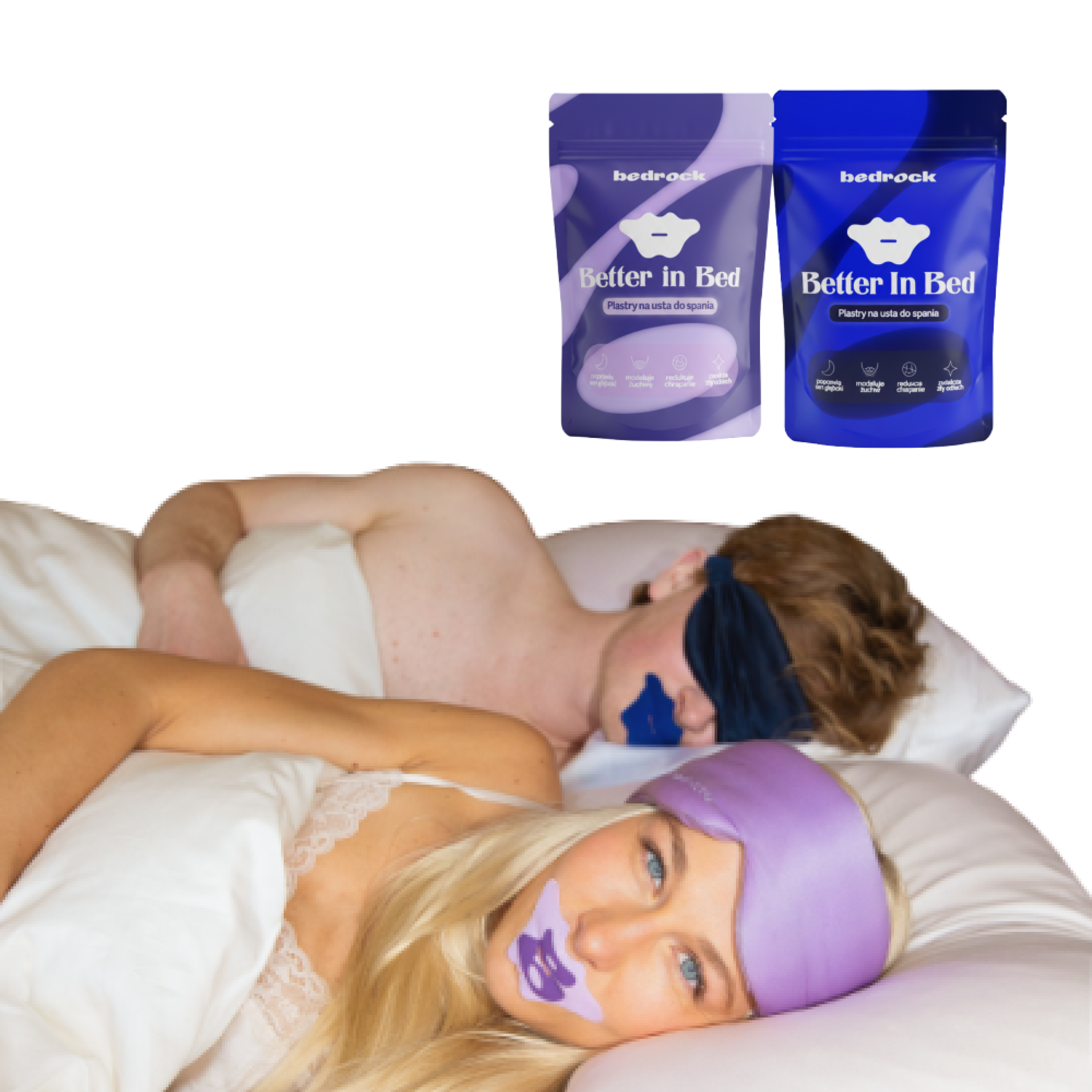 Plastry na usta do spania Bedrock Better in Bed – zestaw liliowe i niebieskie, para w użyciu
