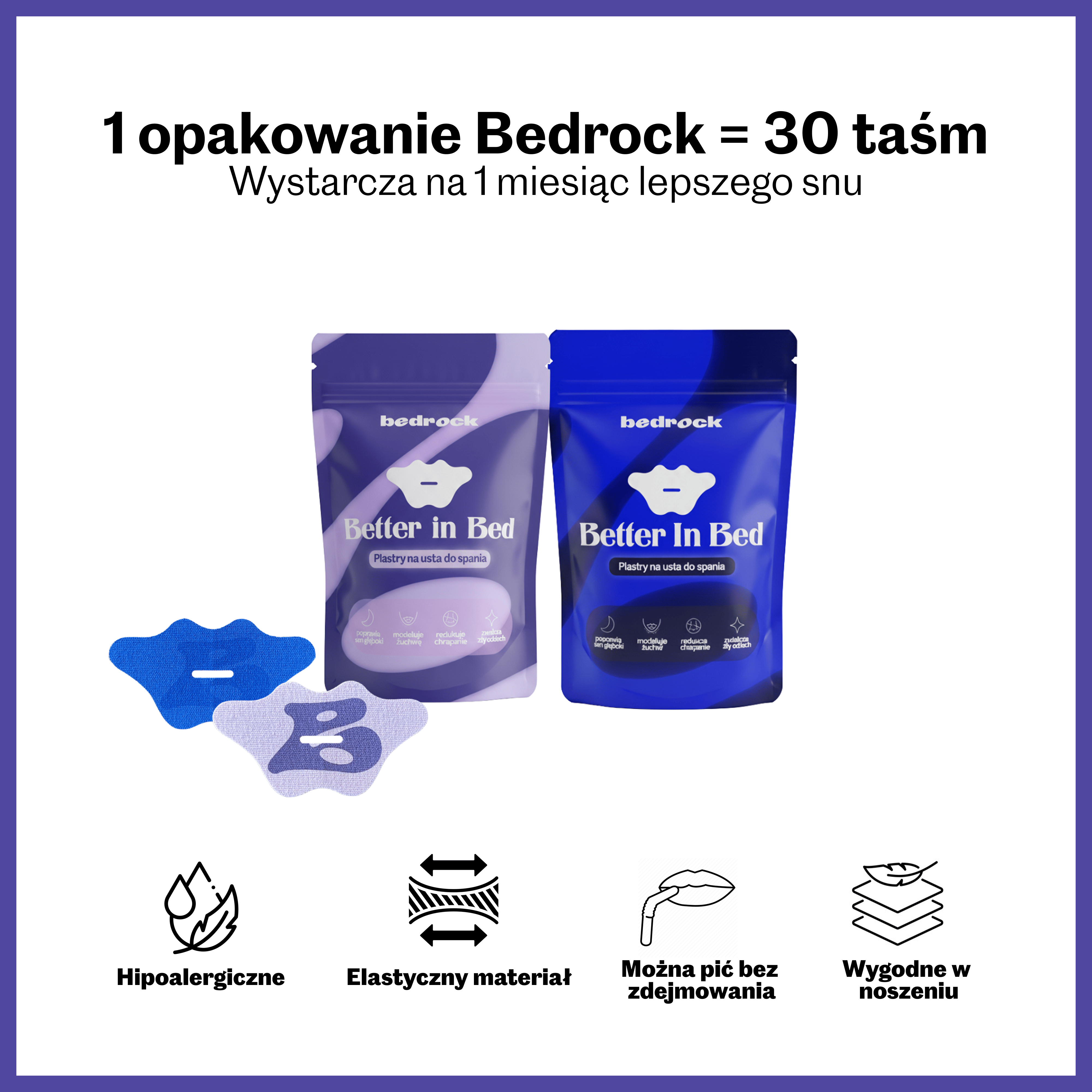 Plastry na usta do spania Bedrock – opakowanie 30 sztuk i zawartość